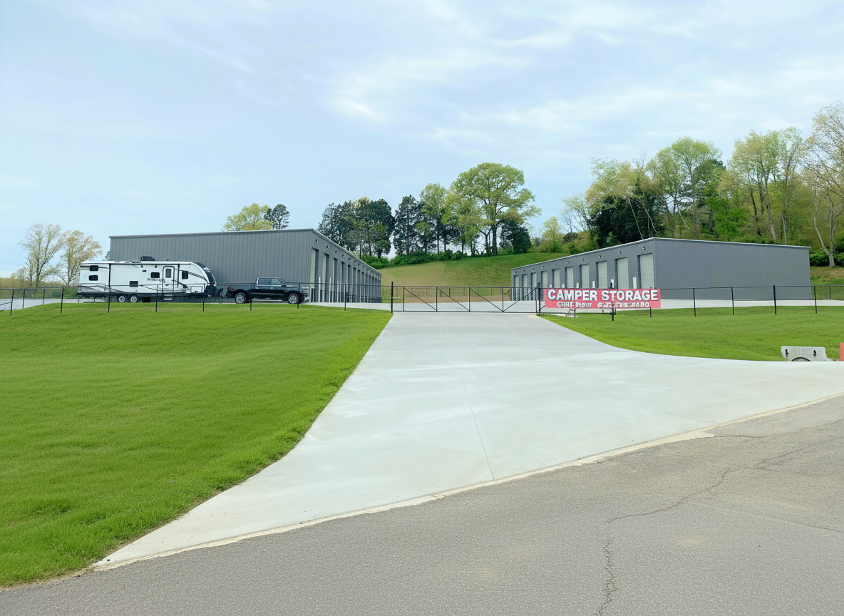 Luxury motorhome stored inside a spacious unit at Morristown Luxury RV Storage